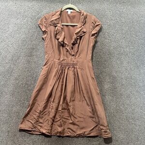 Ann Taylor LOFT Dress Women‎ 2 Brown 100% Silk Ruffle Detail Cap Sleeve A Line